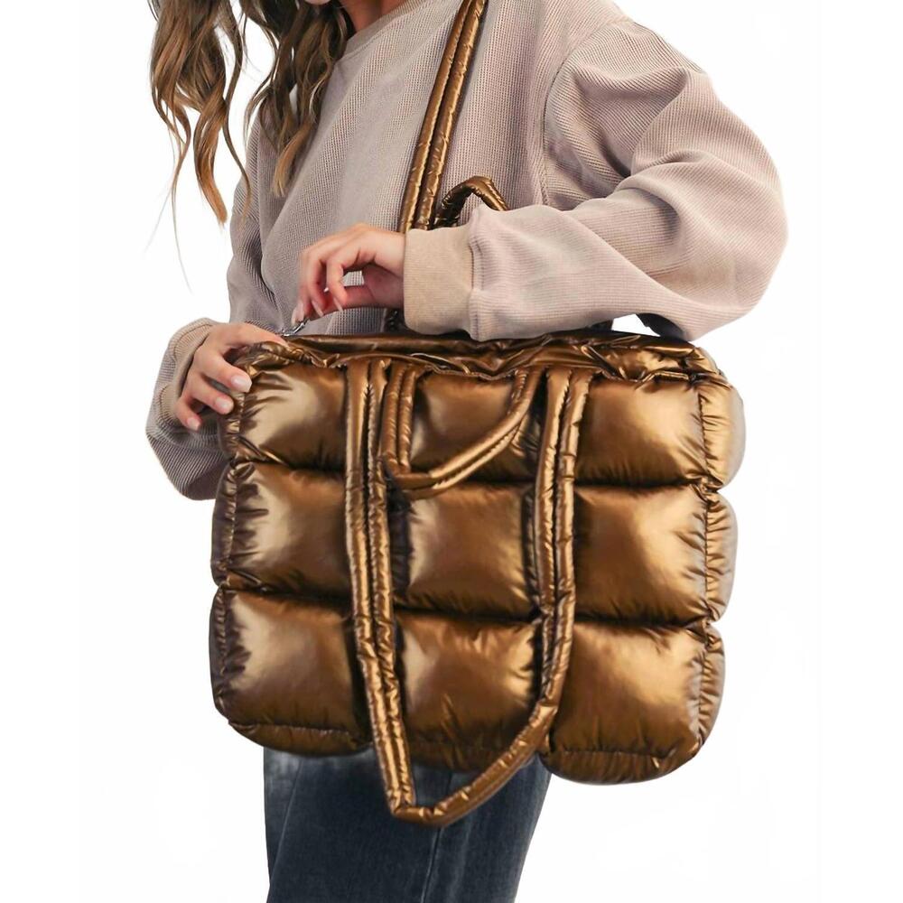 NEW AAPPARELLA women's quilted puffer tote bag in gold